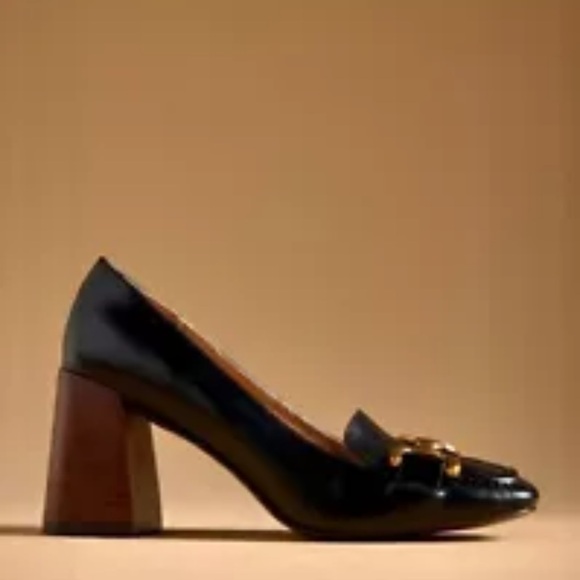 Anthropologie Bibi Lou Zagred Wood Stacked Heel Black Leather - Picture 10 of 11